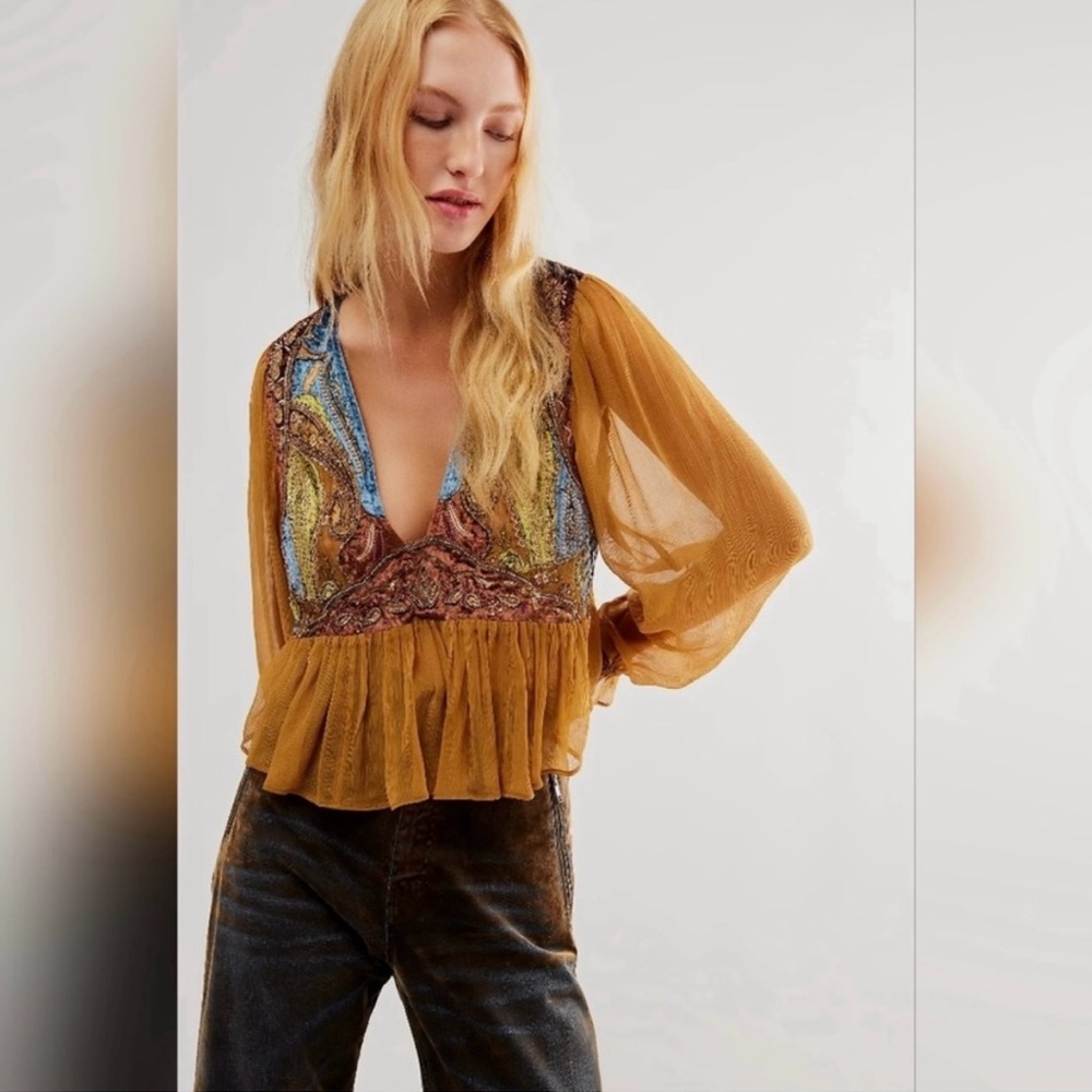 SOLD

Free People New Bohemian Mustard Blouse S Velvet Embroidered Poet Sleeves